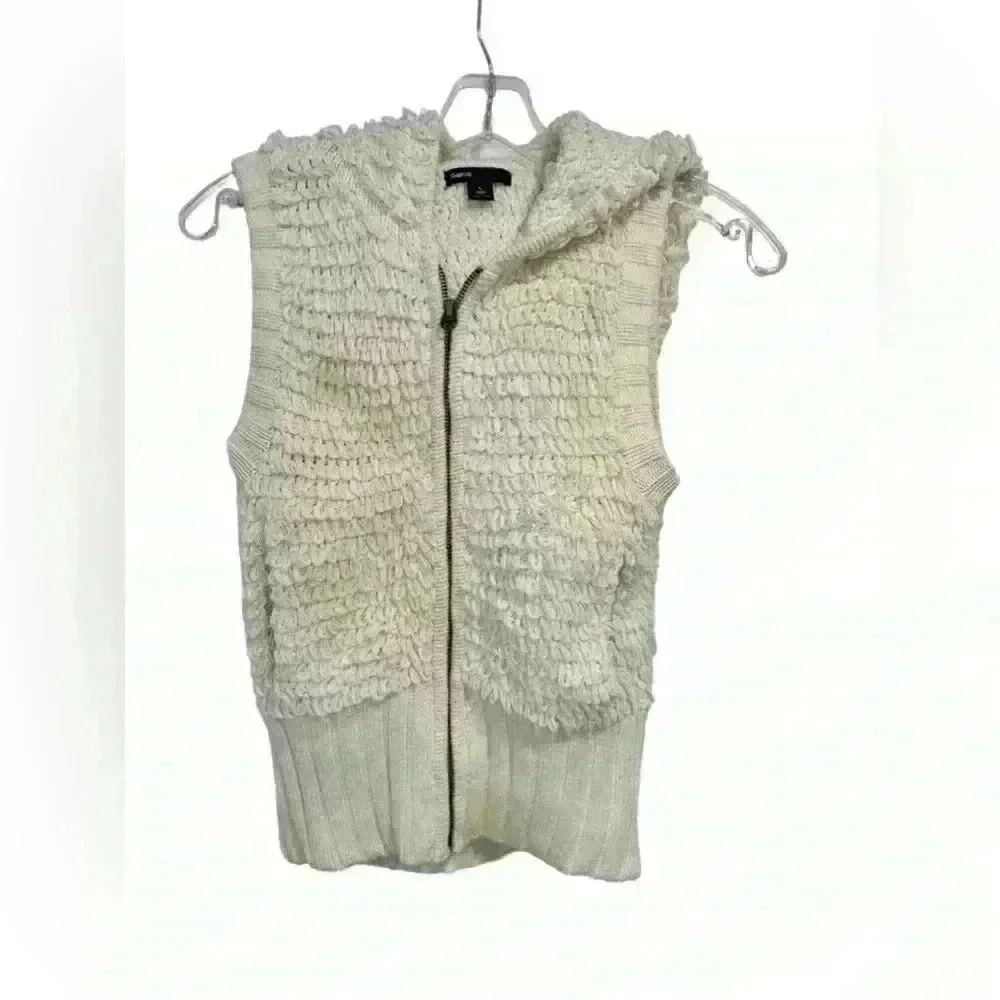 GAP Kids Cream Looped Yarn Fringed Sleeveless Vest Ribbed Trim Hood Zip L